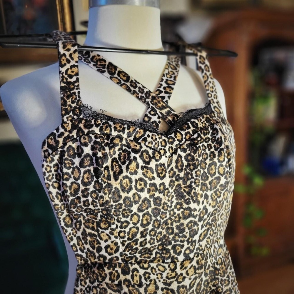 Vintage 80s Dress Leopard Print Peplum Mini Cross Strap Rockabilly Animal Print - Picture 2 of 4